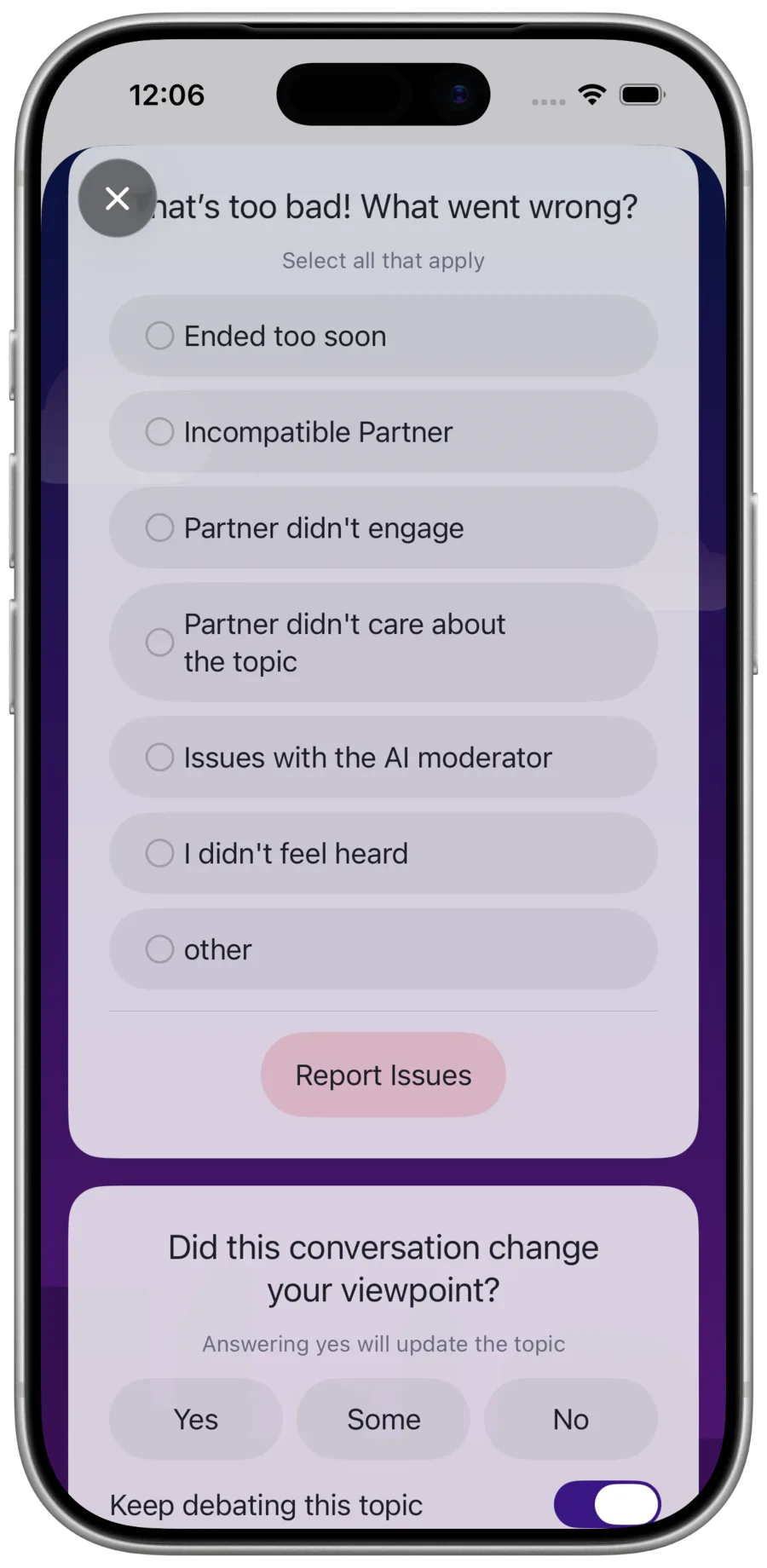 Form for reporting a poor conversation experience