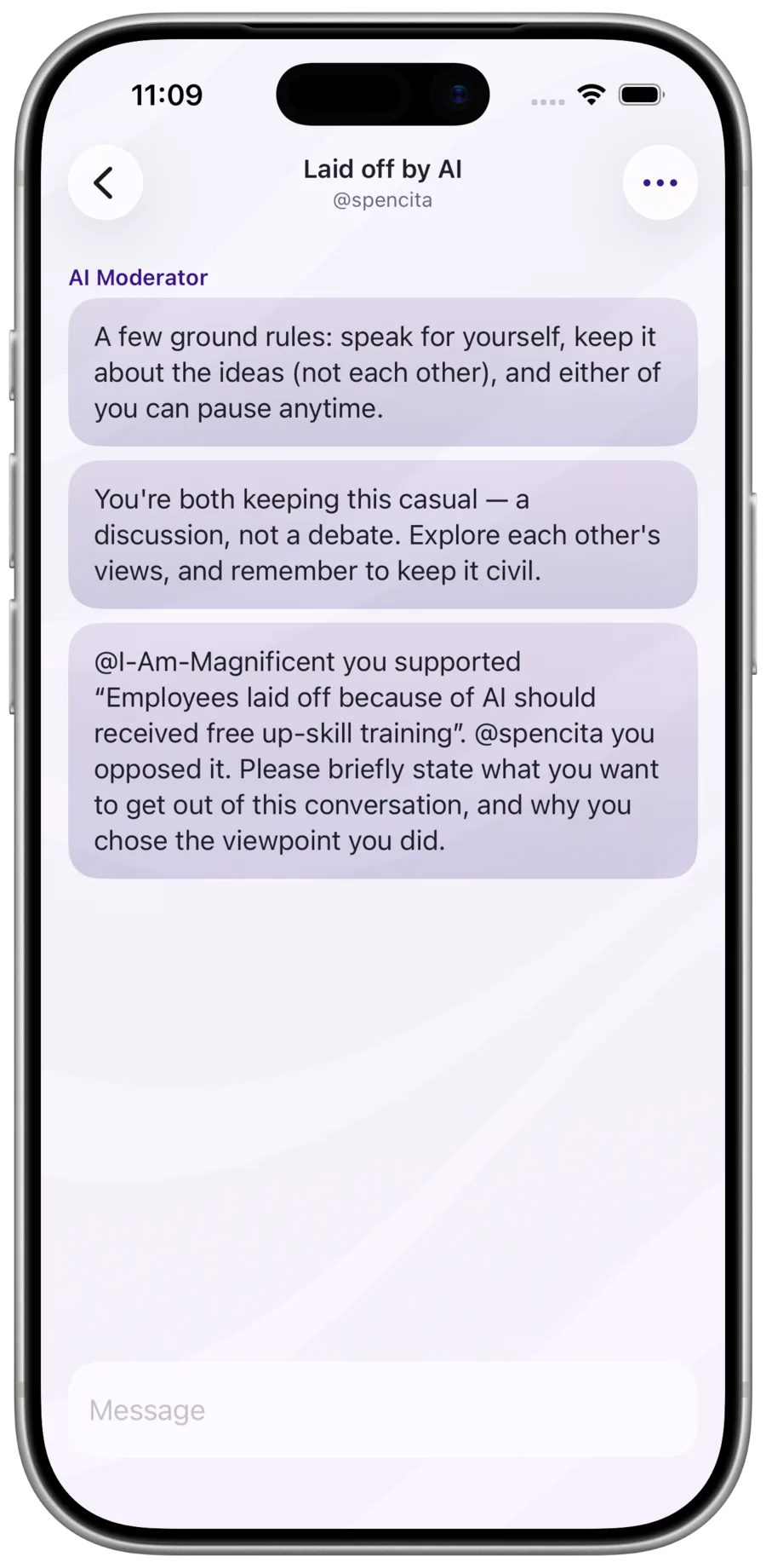 AI moderator opening messages in a conversation