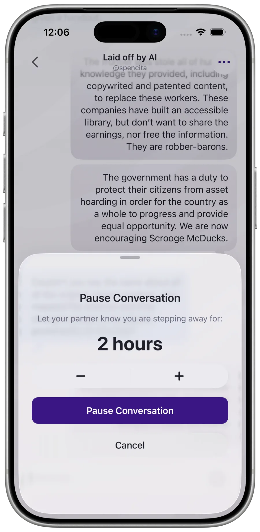 Pause conversation sheet with duration options
