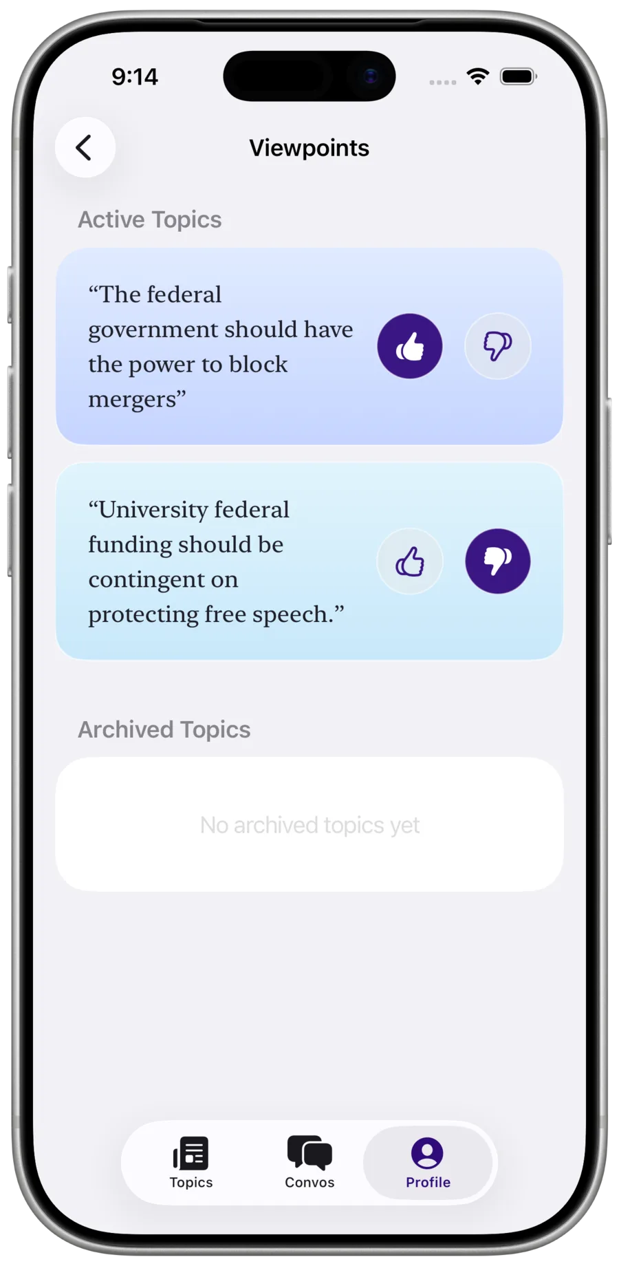 Profile Viewpoints showing active and expired topics