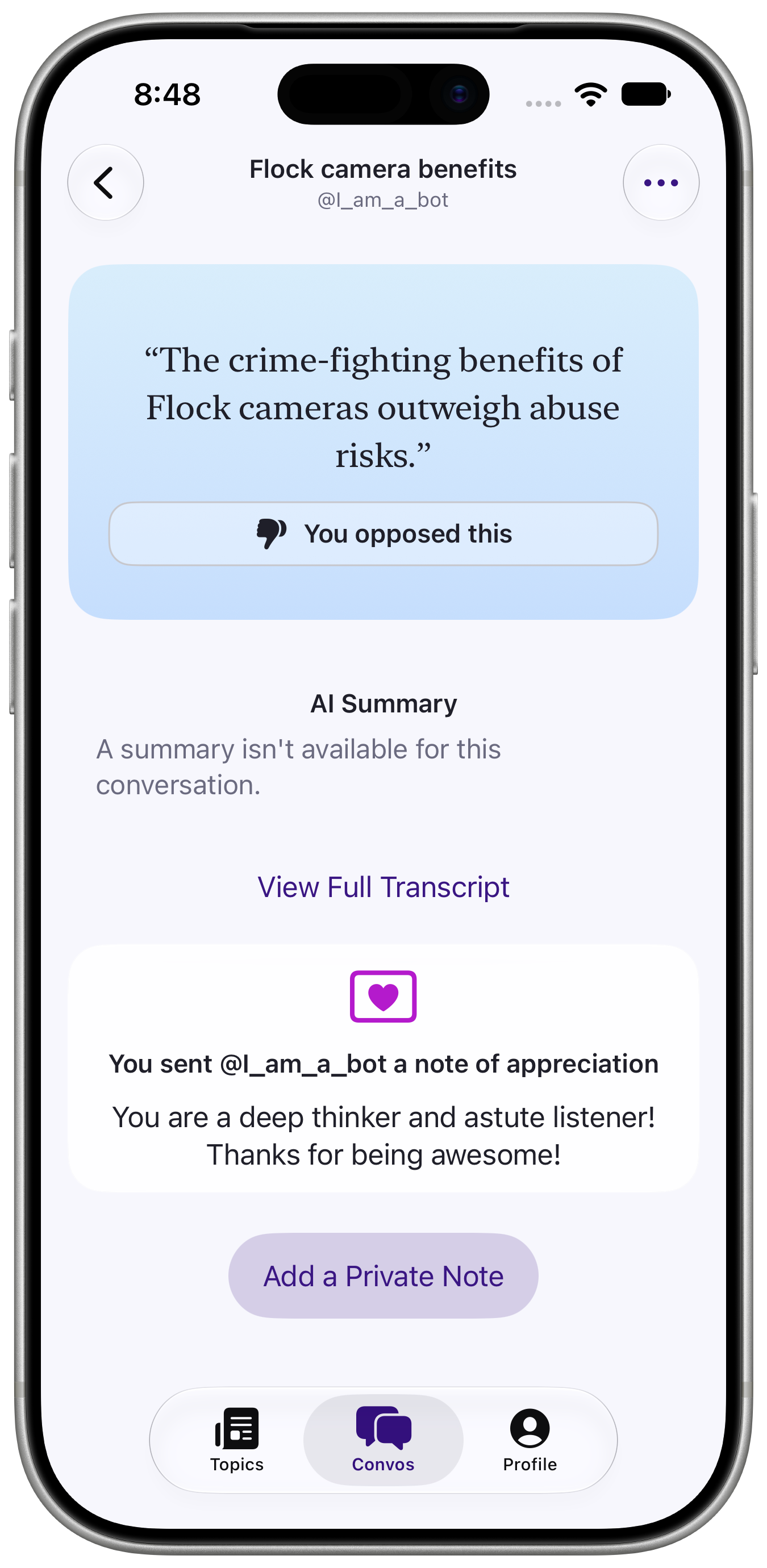 Conversation summary detail screen