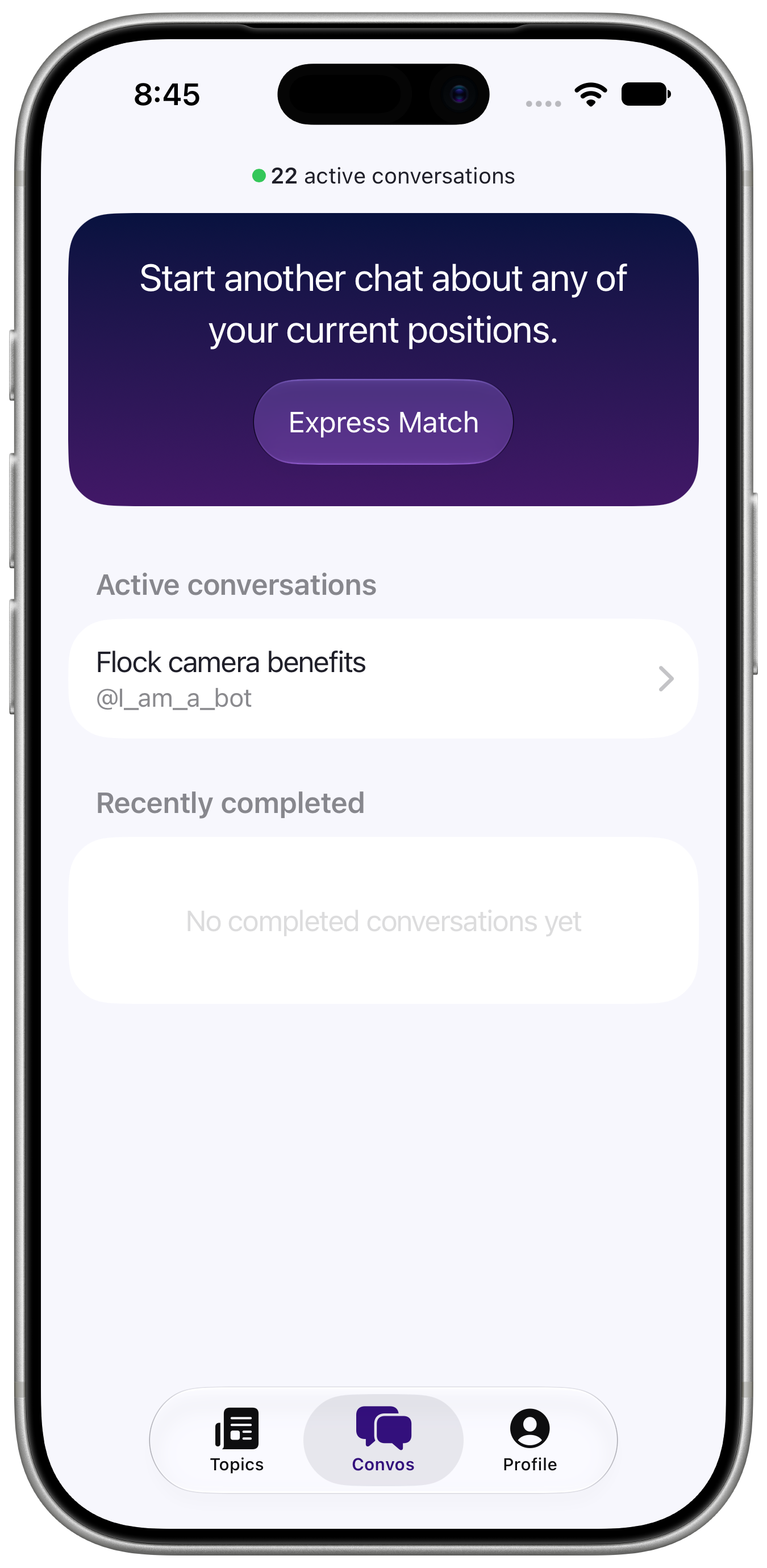 Convos tab with an active conversation