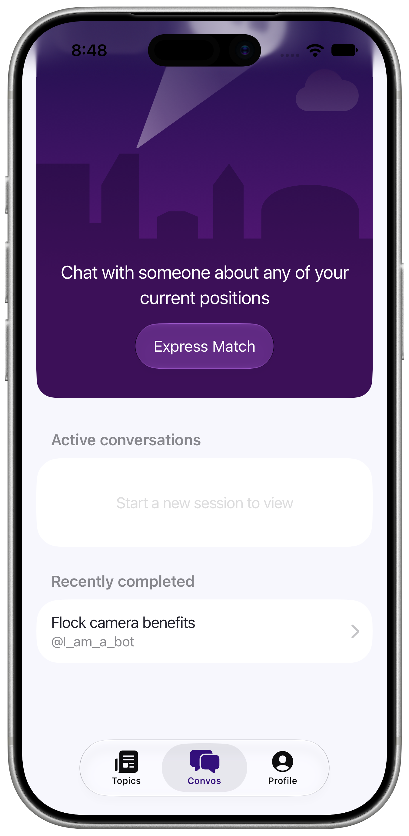 Convos tab listing completed conversations