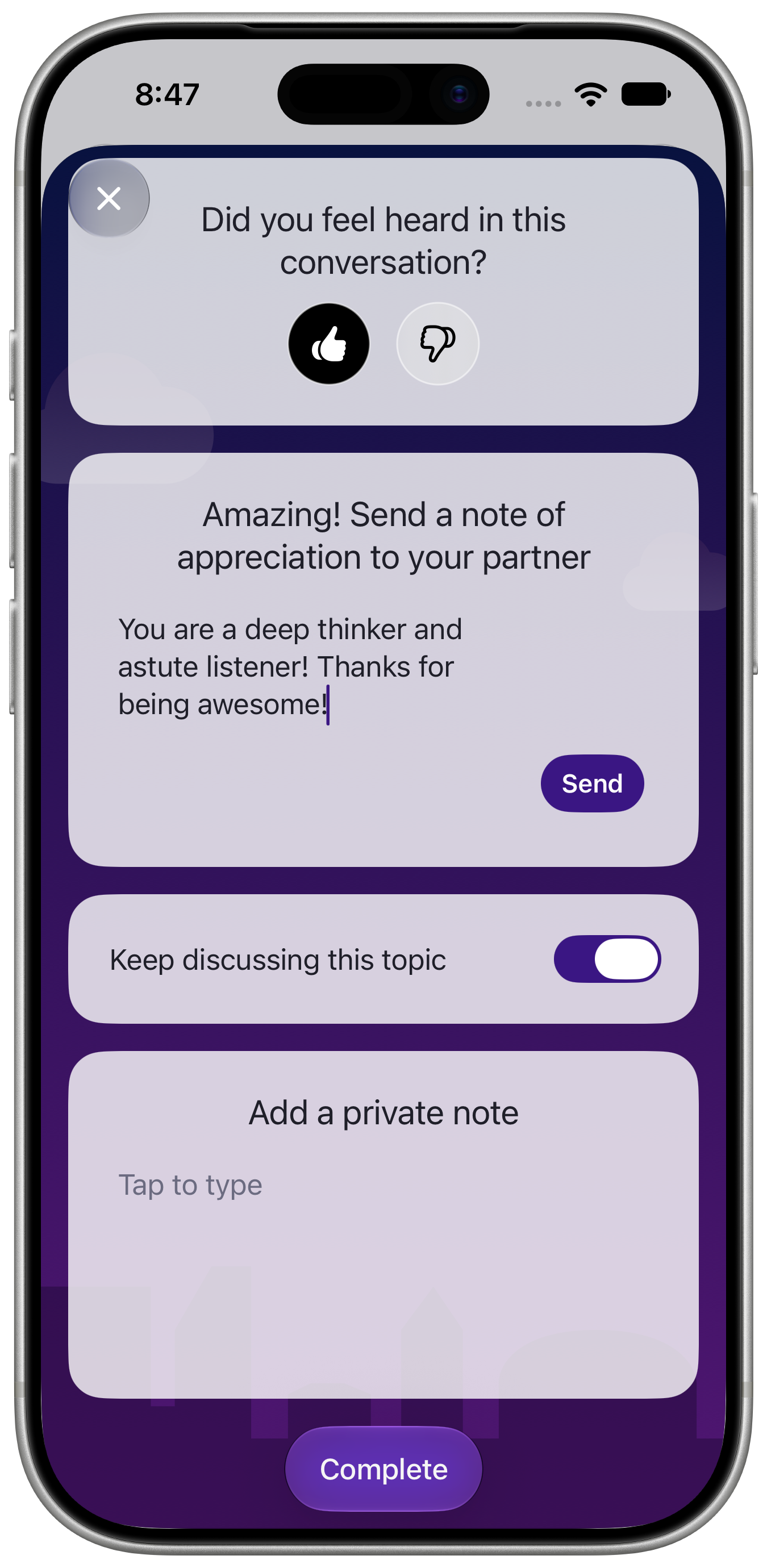 Appreciation note and private note after feeling heard