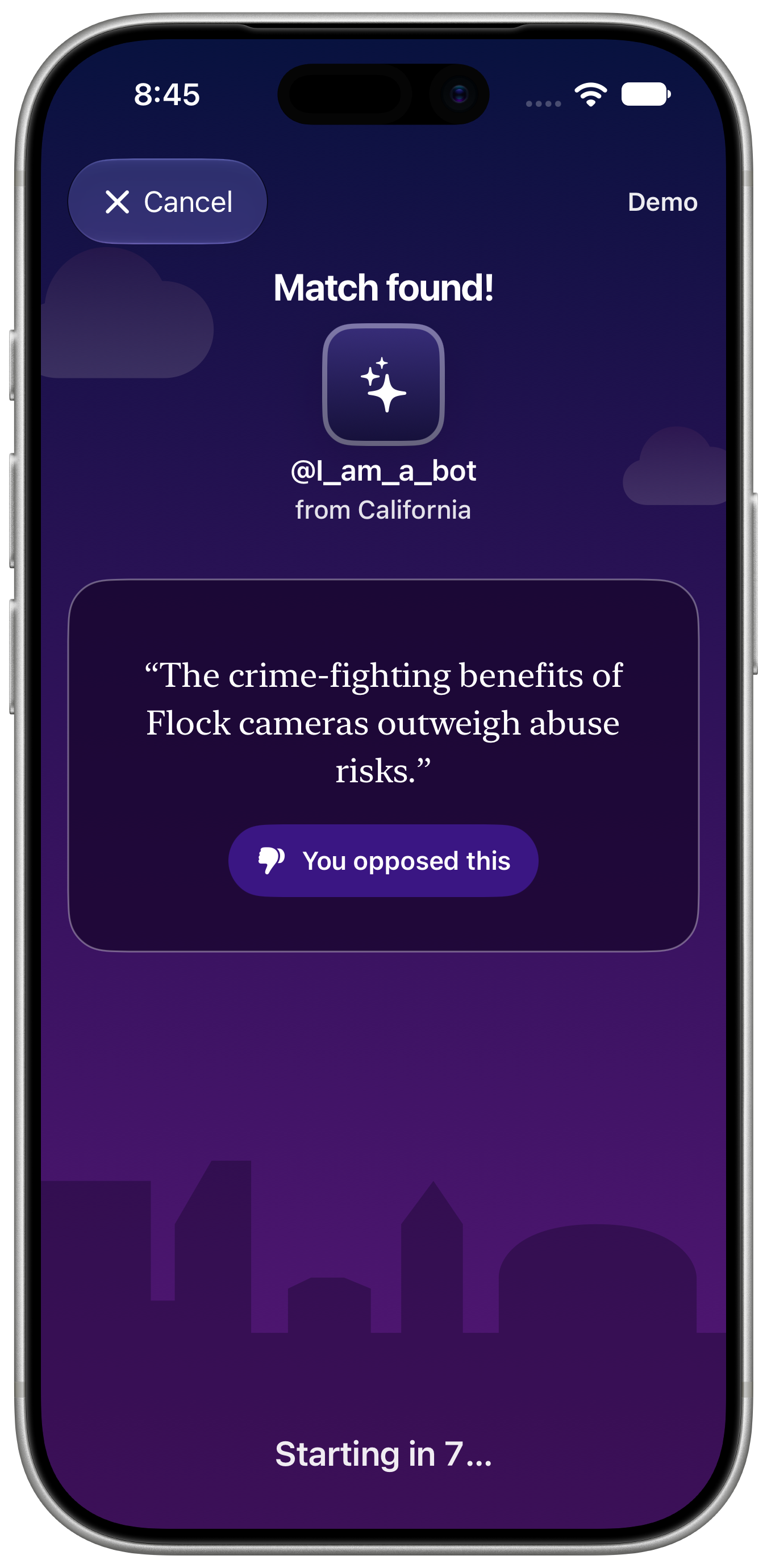 Match found preview with topic and opposing stances