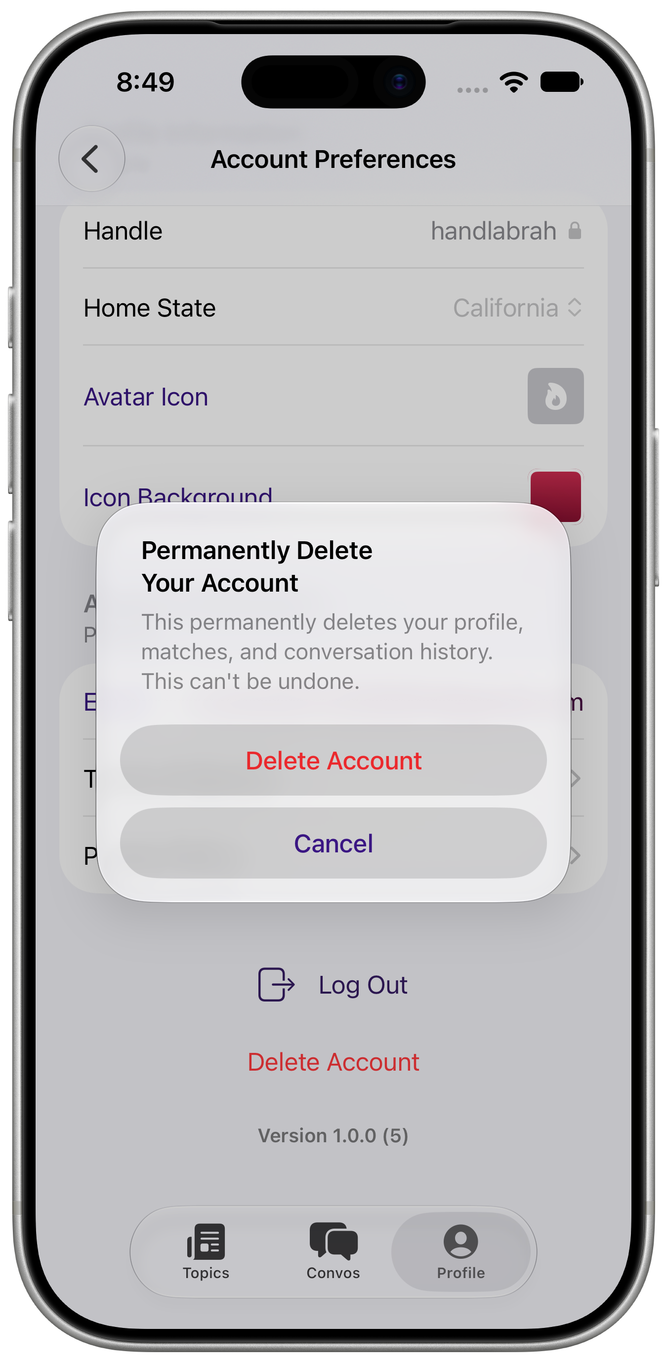 Delete Account confirmation