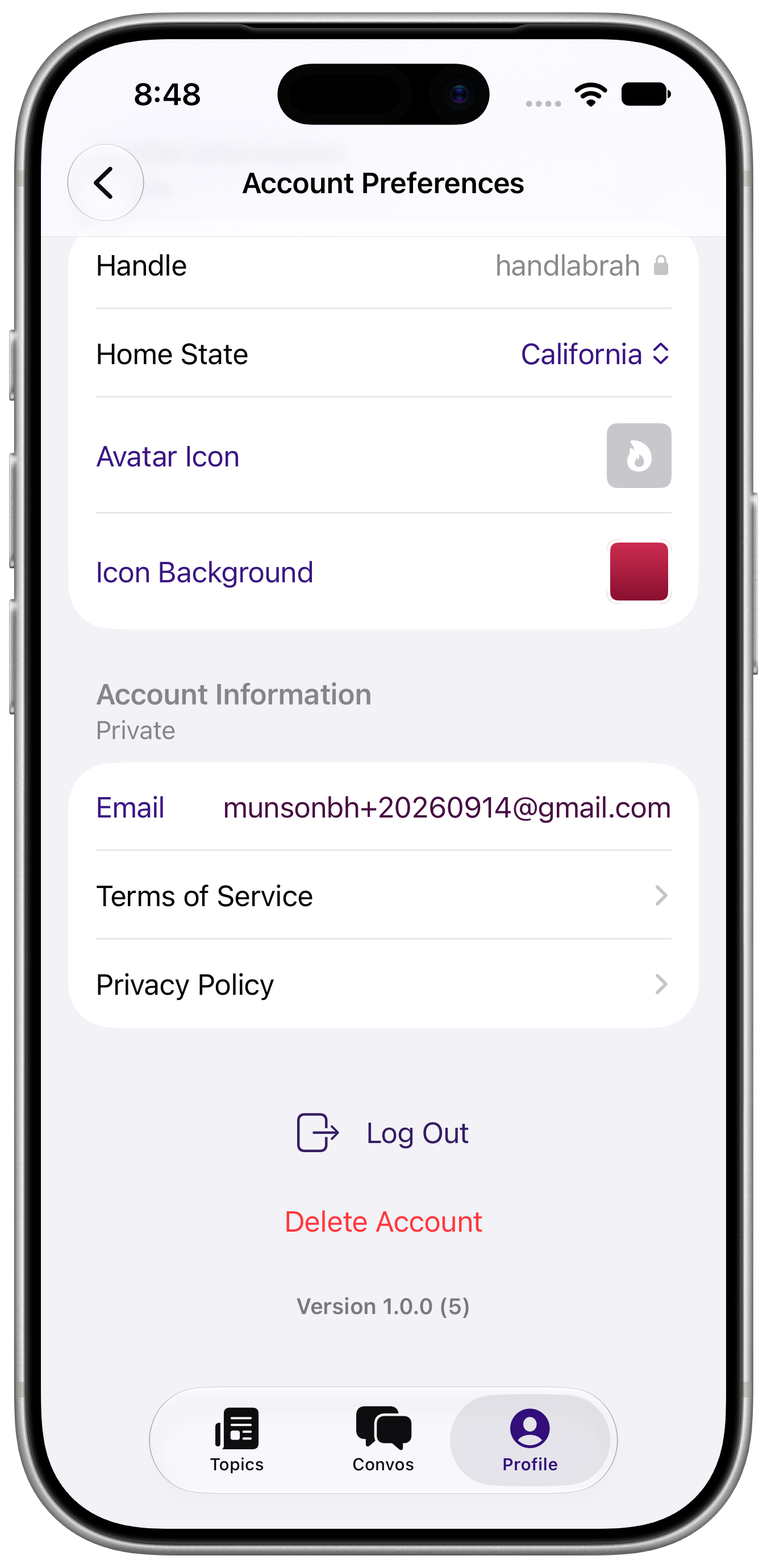 Account Preferences with Delete Account