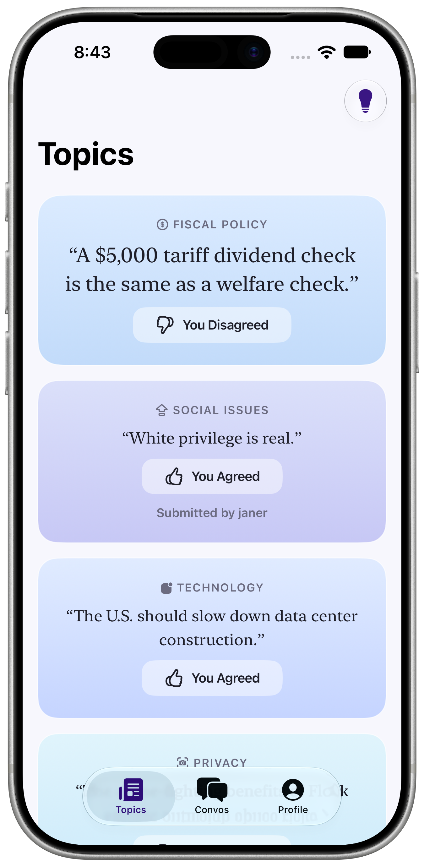 Topics tab with agreed and disagreed stances