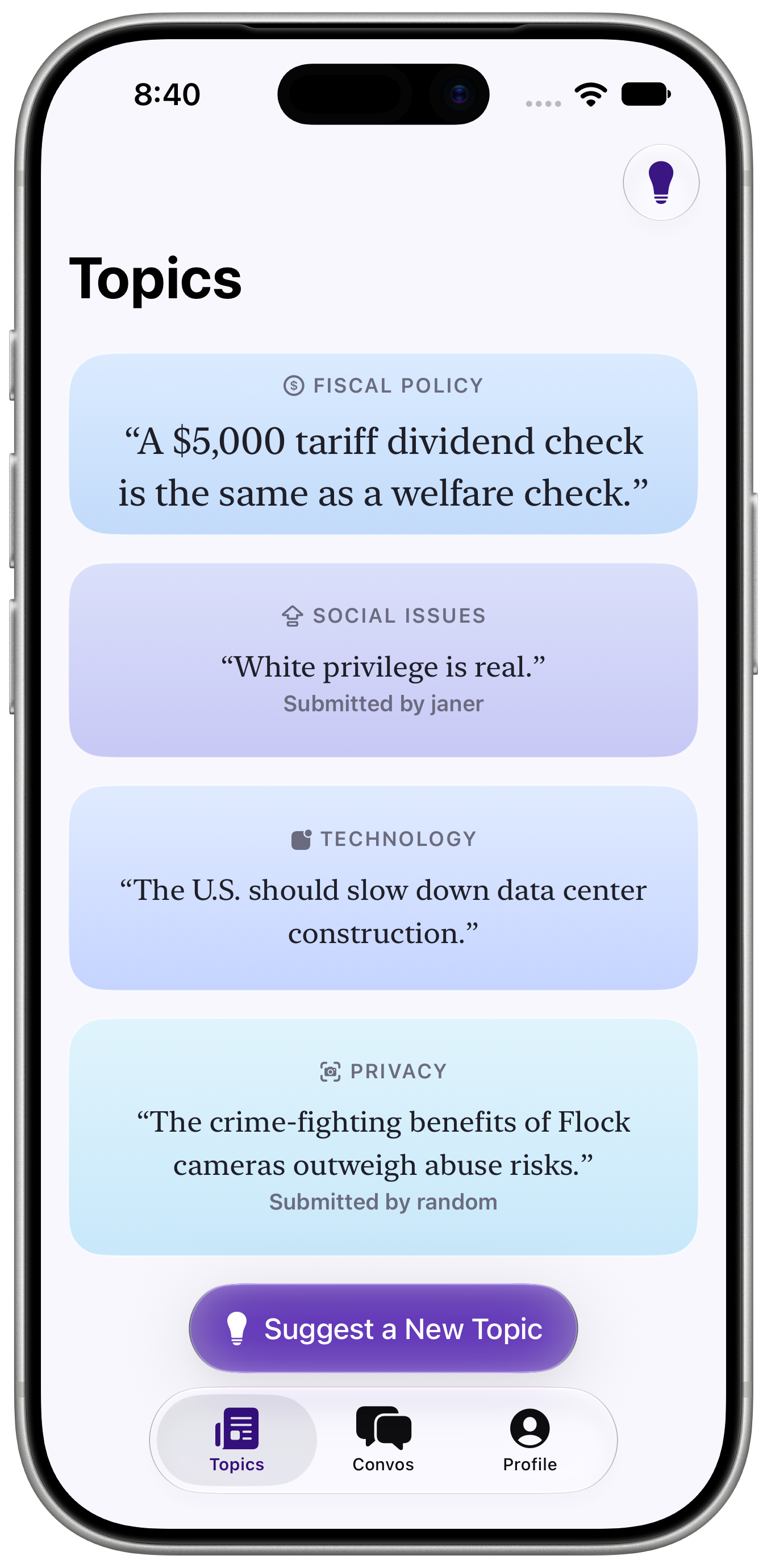 Topics tab with topic cards